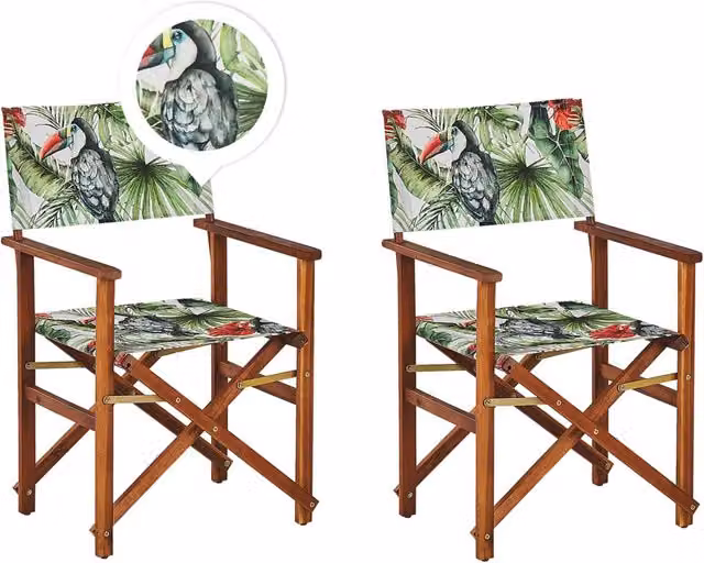 Set di 2 sedie da regista BELIANI in legno di acacia scuro con tessuto bianco sporco e 2 rivestimenti intercambiabili floreali per giardino e terrazzo