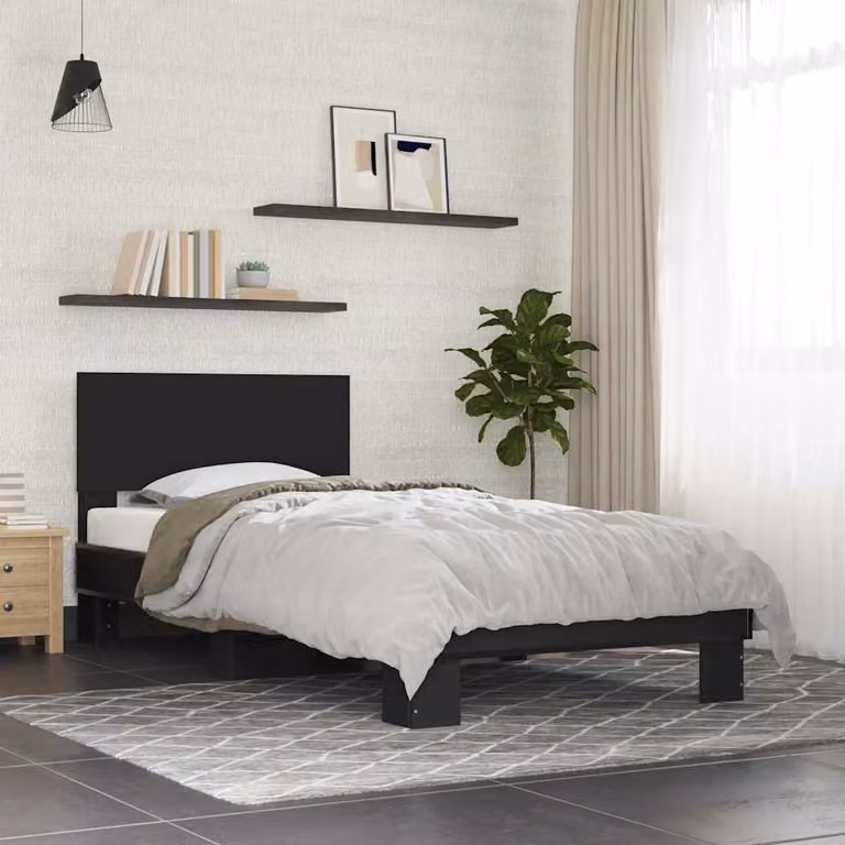 vidaXL Giroletto Nero in Metallo e Legno con Doghe Fisse L: 75 cm, P: 190 cm, H: 78 cm