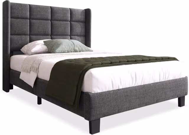 Letto singolo imbottito 90x200 con testiera alta， rete a doghe in legno， struttura in metallo， grigio， ideale per camera da letto， senza materasso