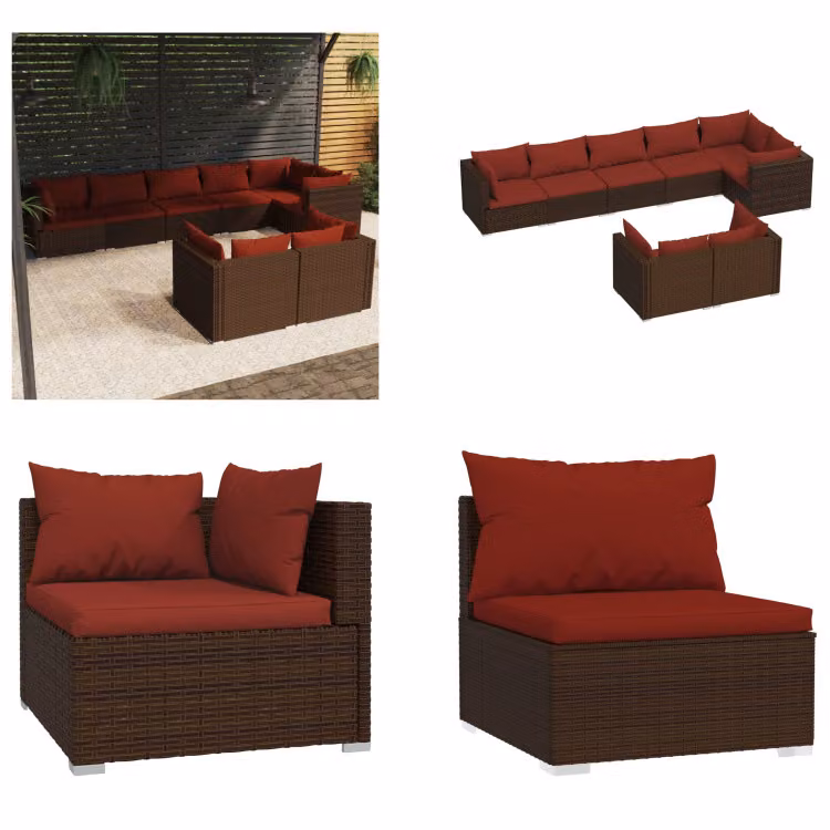vidaXL set salotto da giardino 8 pezzi con cuscini in rattan marrone - Set salotto da giardino - Set salotto da giardino - Set salotto da terrazza - Set divano da giardino