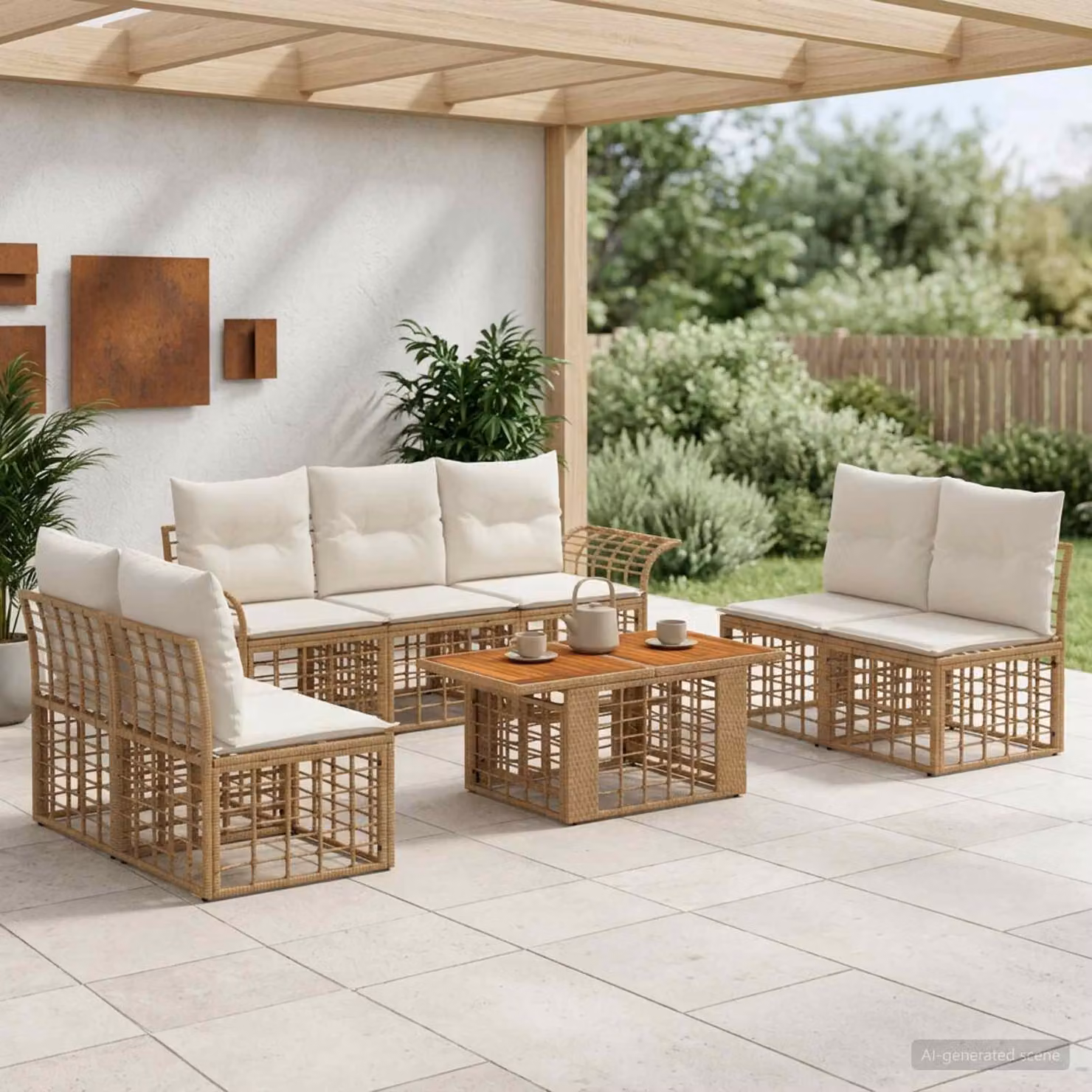 Set Divano da Giardino vidaXL 8 Pezzi in Polyrattan con Tavolino e Cuscini Beige e Bianco
