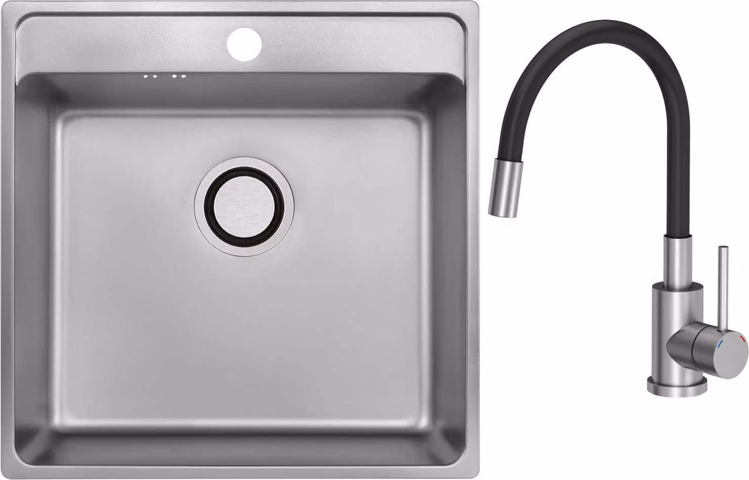 VBChome Lavello in acciaio inox con rubinetto 49x48x21 cm Inox Liscio Lavello da incasso in acciaio inox con foro per rubinetto Vasca grande Sifone Rubinetto nero con bocca flessibile
