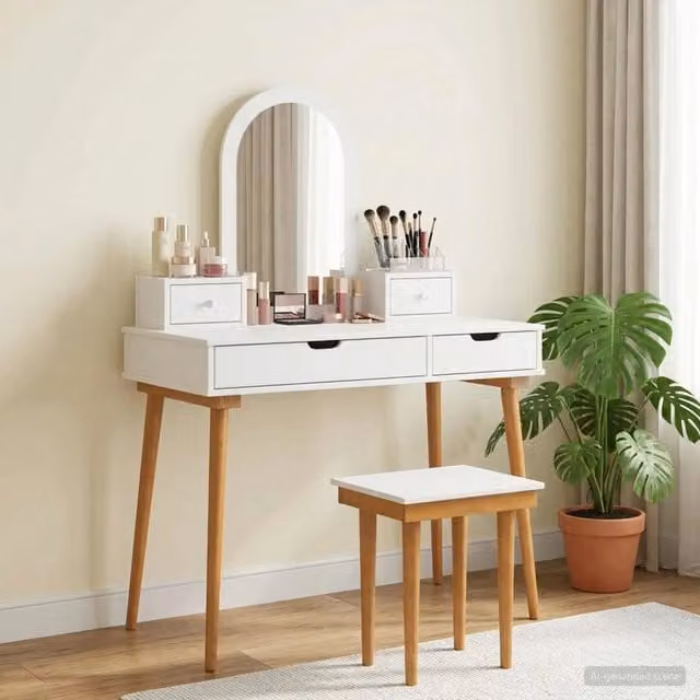 Set Tavolo da Trucco FAUSKE vidaXL Bianco 5 pz L: 100 cm, P: 50 cm, H: 143 cm – 1