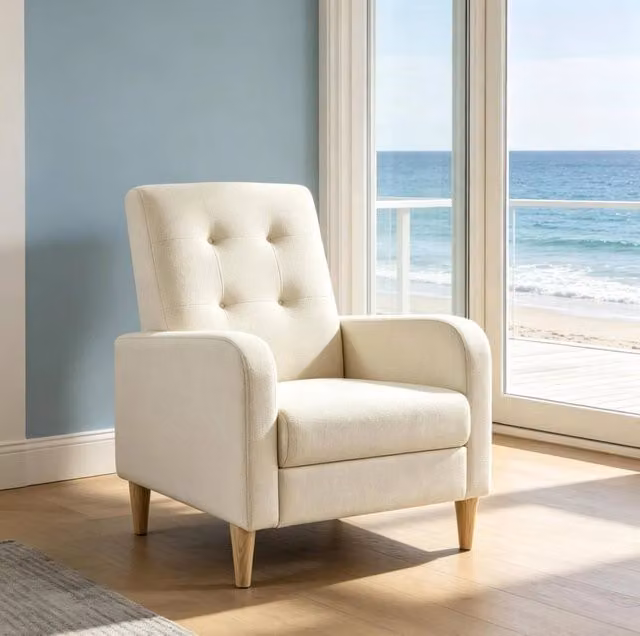 Poltrona Relax in Lino Beige con Braccioli e Schienale Alto, 150 kg
