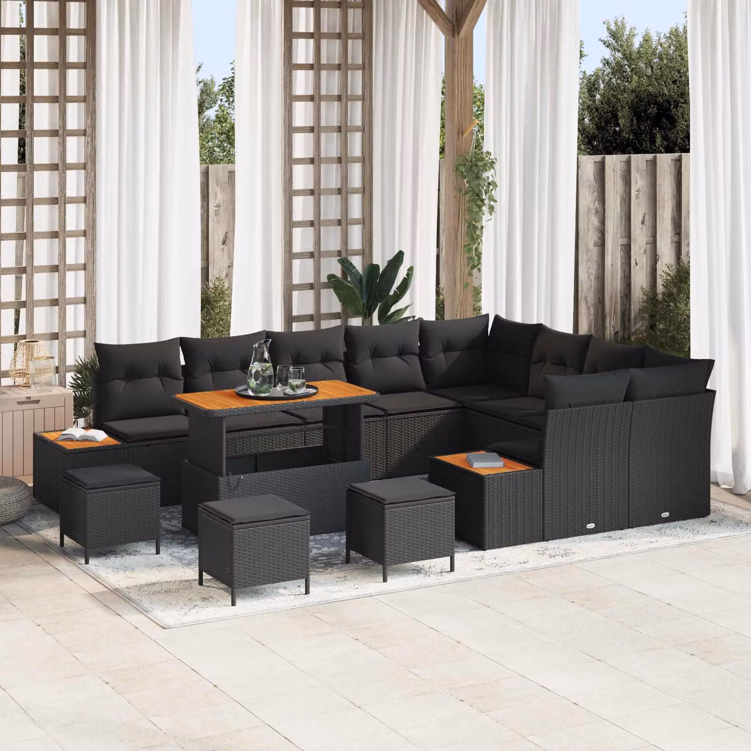 vidaXL Set Divano da Giardino Moderno a L in Polyrattan Nero con 13 Pezzi e Cuscini – 1