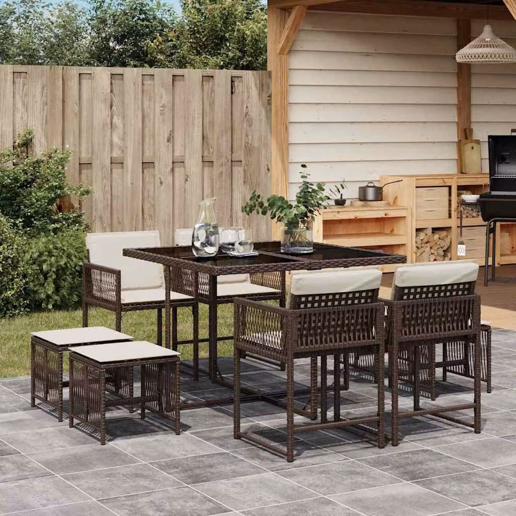 Set da Pranzo da Giardino vidaXL in Polyrattan Marrone con 9 Pezzi e Cuscini – 1
