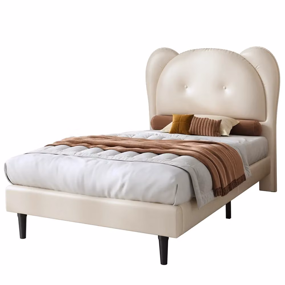 Letto singolo imbottito Minimal beige in similpelle con telaio in metallo e testiera a forma di animale L/P/H: 90 x 200 cm – 2