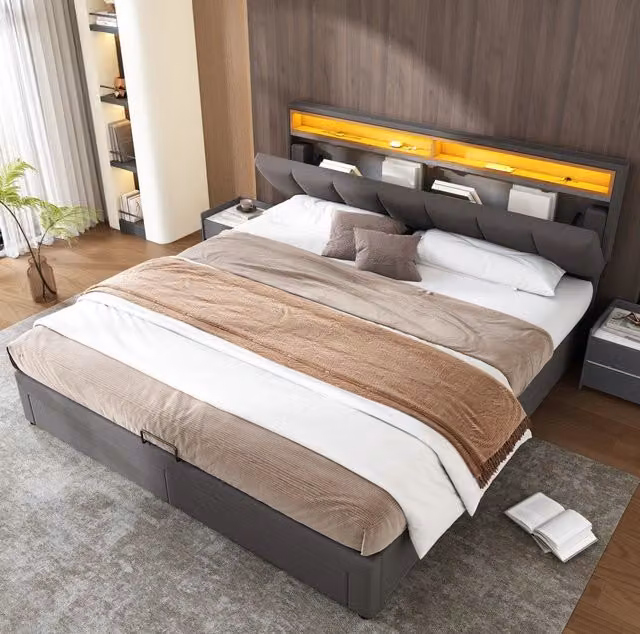 Letto matrimoniale imbottito grigio 160x200 cm con LED, struttura in acciaio e contenitore