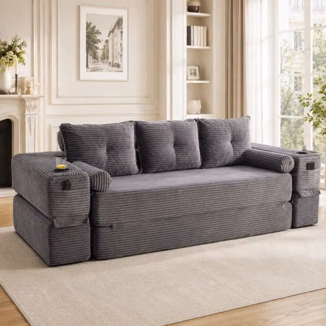 Divano letto modulare MIVRAY in velluto a coste grigio con funzione letto e portabevande integrato L: 232 cm, P: 80 cm, H: 2 cm