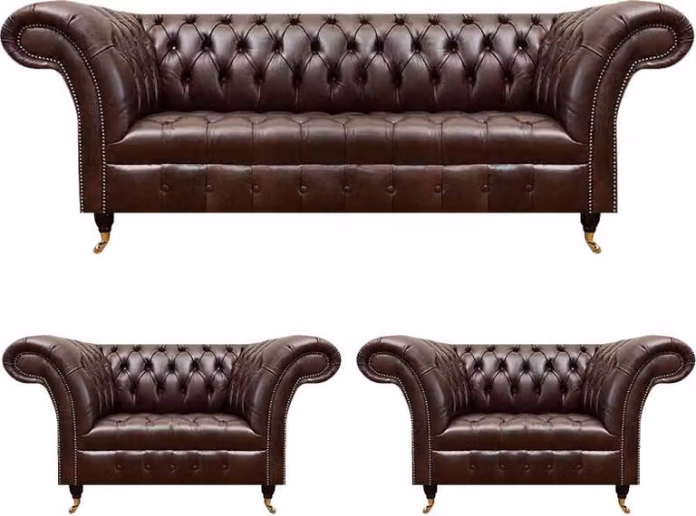 Luxus Braune Chesterfield Ledermöbel Designer Dreisitzer 2x Sessel 3tlg