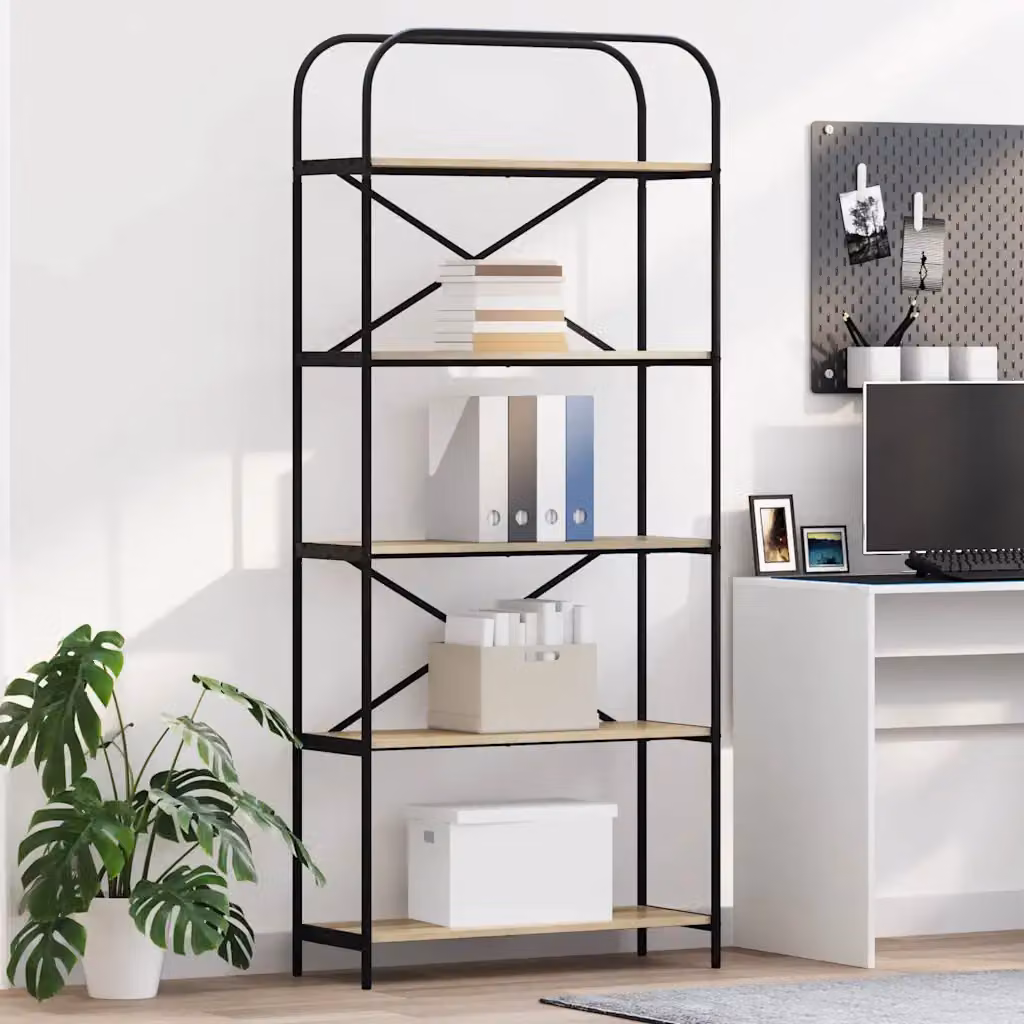 Libreria moderna vidaXL a 5 livelli in legno MDF e metallo, marrone e nero, L 80 x P 30 x H 183 cm