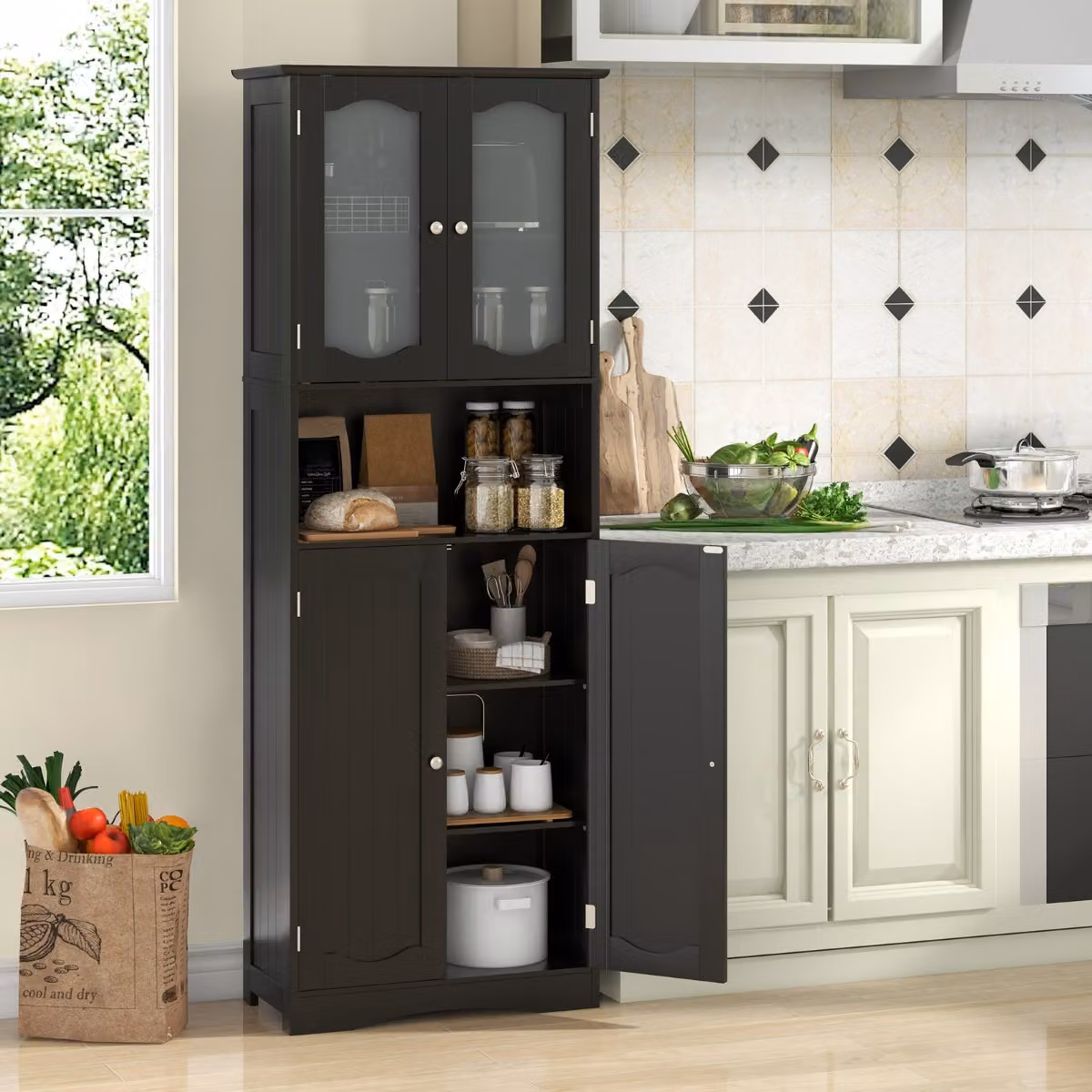 Armadio da bagno e cucina Costway nero con ante in vetro satinato e ripiani interni, mobile autonomo moderno per soggiorno o ufficio, Altezza: 164 cm