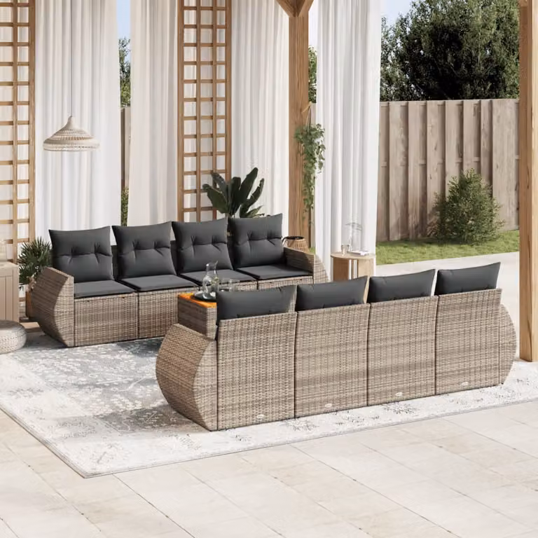 Set Divano da Giardino vidaXL 9 pz in Polyrattan Grigio con Cuscini e Tavolino