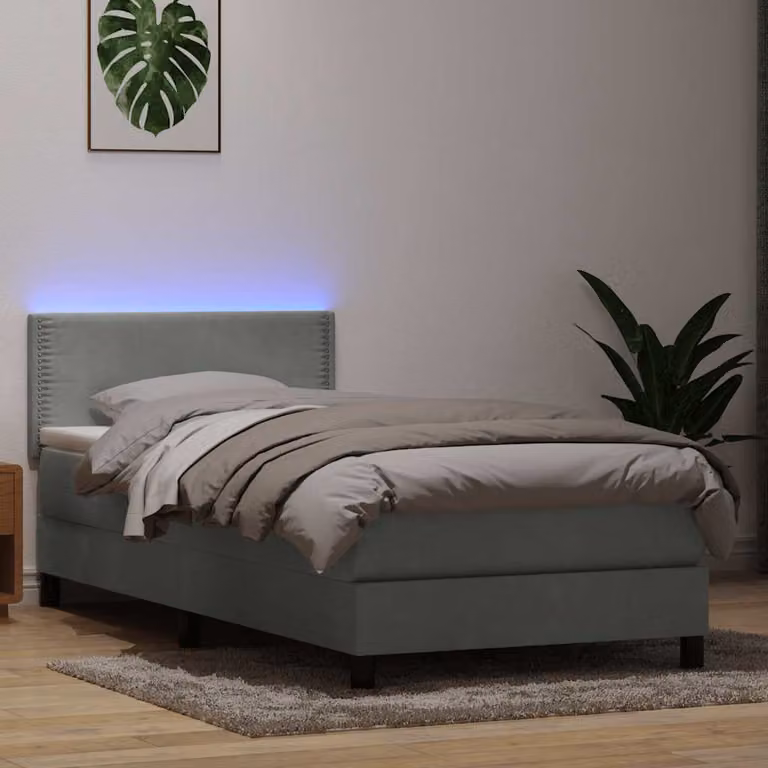Letto a molle con materasso ibrido e illuminazione LED vidaXL in velluto grigio chiaro L: 210 cm, P: 80 cm