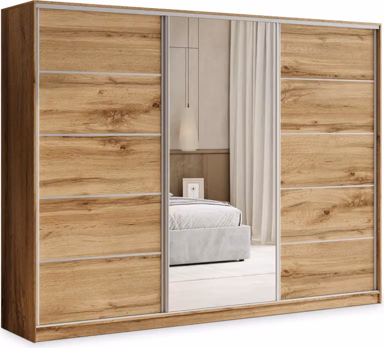 Armadio scorrevole Masseno PINA 250/205/58 cm Armadio con 4 cassetti Armadio per camera da letto a 3 ante con specchio Rovere Wotan