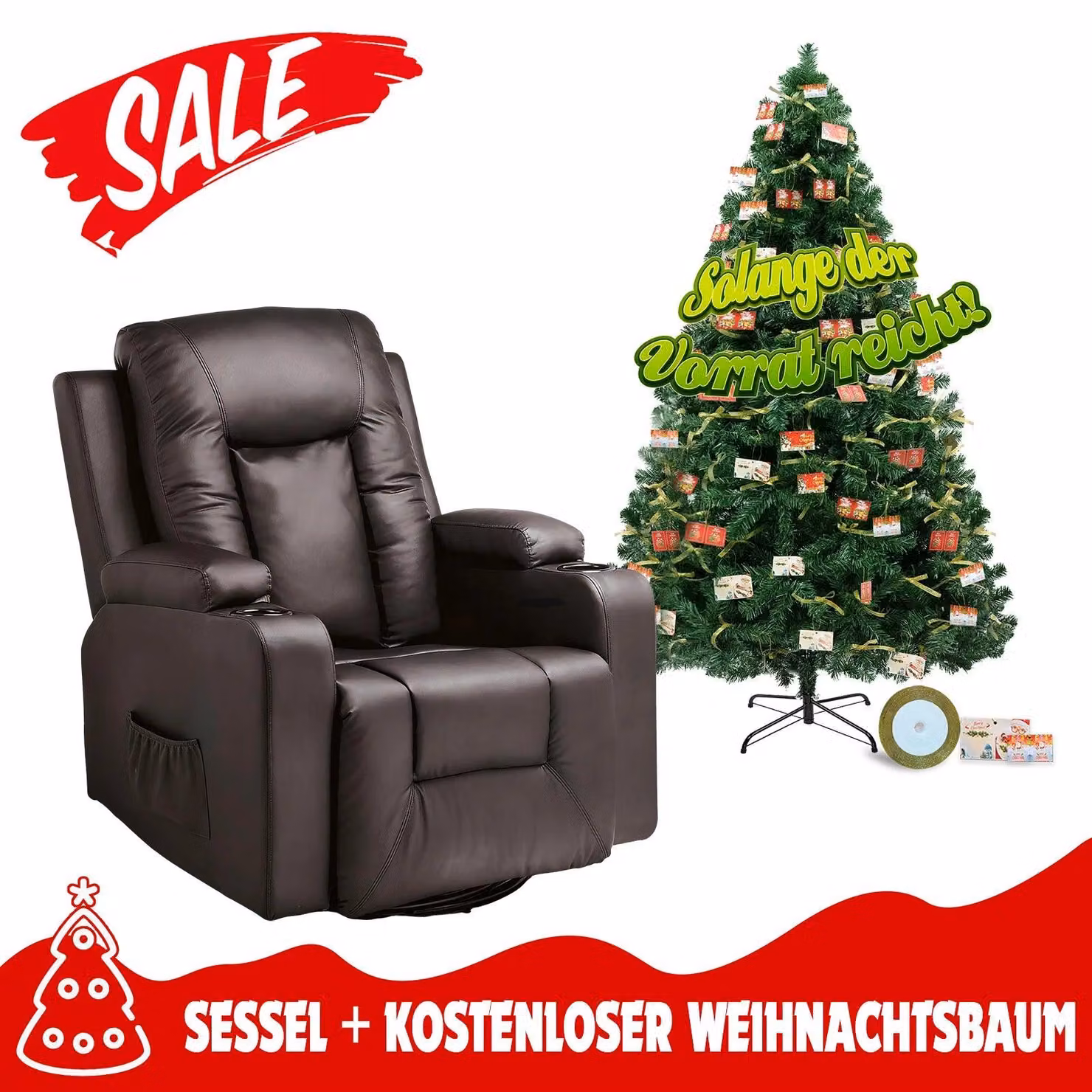 Poltrona relax + Set di decorazioni natalizie per albero artificiale. Poltrona TV con set di decorazioni natalizie. Poltrona regolabile con set di decorazioni per albero di Natale