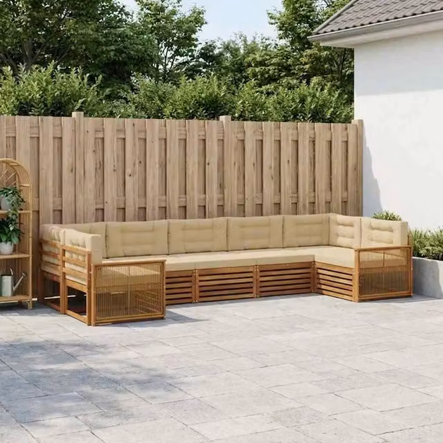 Set di divani da esterno a L vidaXL in legno di acacia con cuscini, Beige e Marrone