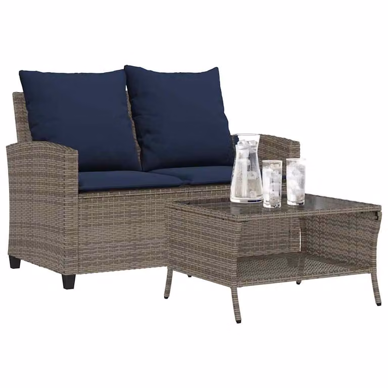Set da giardino vidaXL composto da divano a 2 posti con cuscini e tavolino da caffè in rattan e metallo, colore grigio e blu