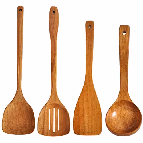 Set di utensili da cucina in legno, con spatola, spatola con fessure, mestolo, con manico lungo, set realizzato a mano (4 pezzi)