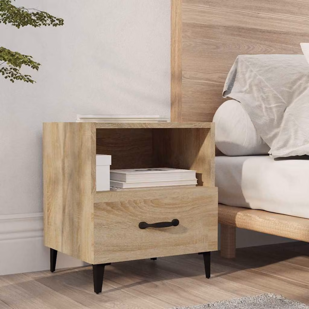 Comodino moderno vidaXL in legno multistrato e metallo, colore rovere sonoma e marrone, L: 40 cm, P: 35 cm, H: 47,5 cm