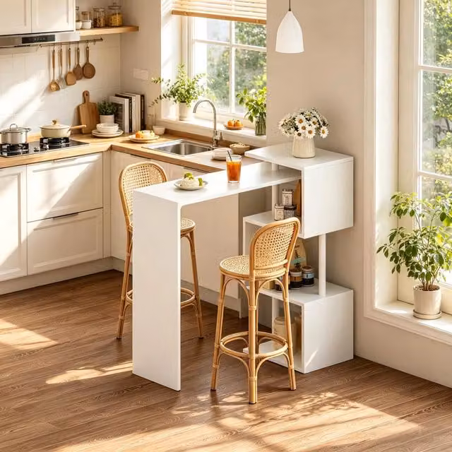 Tavolo alto multifunzione con 3 ripiani per bar e sala da pranzo in MDF e metallo bianco