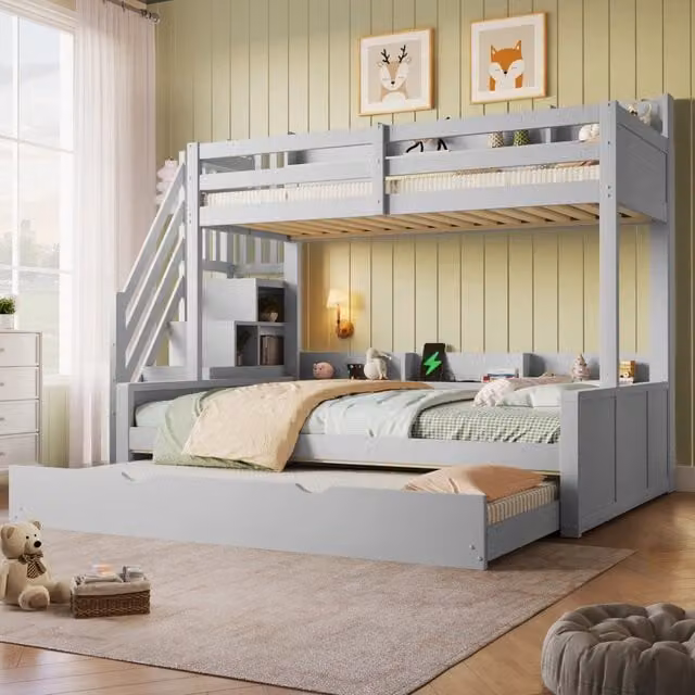 Letto a castello 90x200 e 140x200 cm con letto estraibile; USB e contenitori grigio