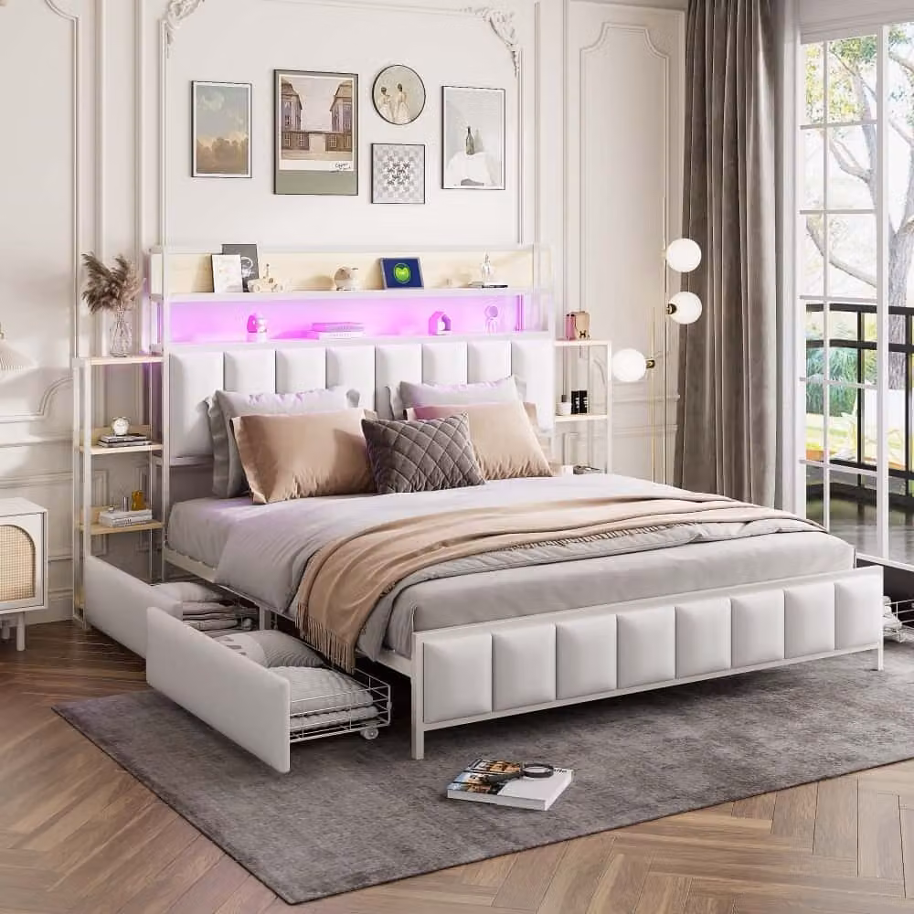 Letto imbottito AIORBER, 160x200 cm, quattro cassetti spaziosi, ampio spazio di archiviazione, con illuminazione LED, struttura del letto in ferro massiccio, letto matrimoniale, bianco
