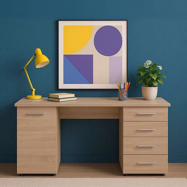 Scrivania DMORA Flaminio con 2 ripiani, colore marrone rovere, L: 135 cm, P: 50 cm, H: 75,5 cm – 1