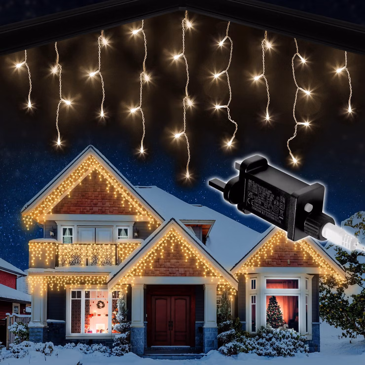 Catena luminosa a LED a forma di ghiacciolo, 1000 LED, 30 metri, luce bianca calda, con timer