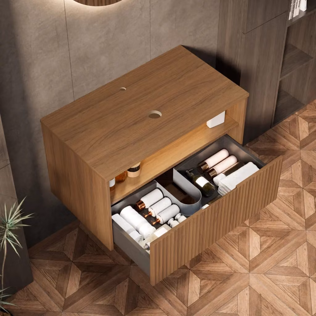 Mobile bagno sospeso MODFU in legno di rovere marrone opaco con cassetti – 2