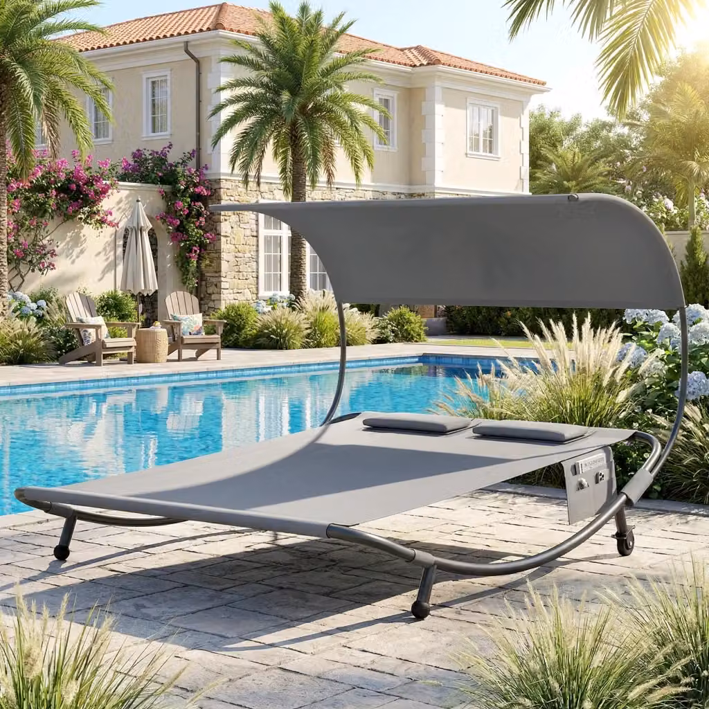 Lettino Prendisole Doppio GIORDANOSHOP con Baldacchino Rimovibile, Ruote e Cuscini in Textilene Grigio e Nero L/P/H: 180 x 240 x 170 cm – 2
