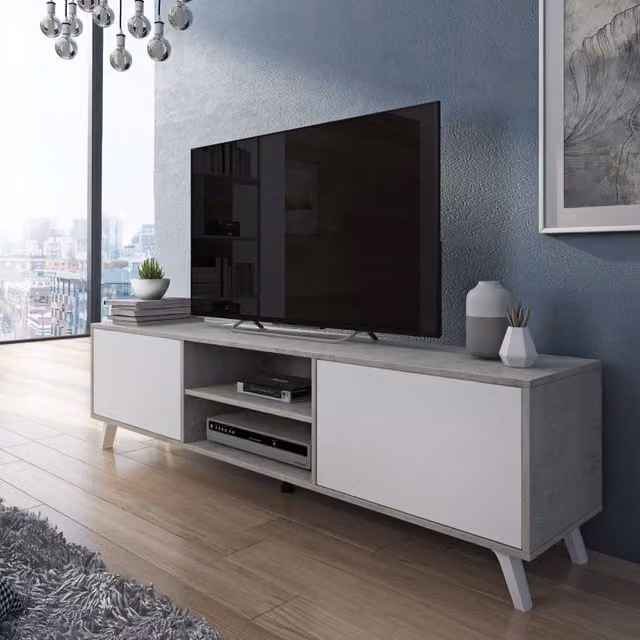 Mobile porta TV moderno DMORA con cassetti, colore grigio e legno, L 180 cm x P 40 cm x H 49 cm – 1