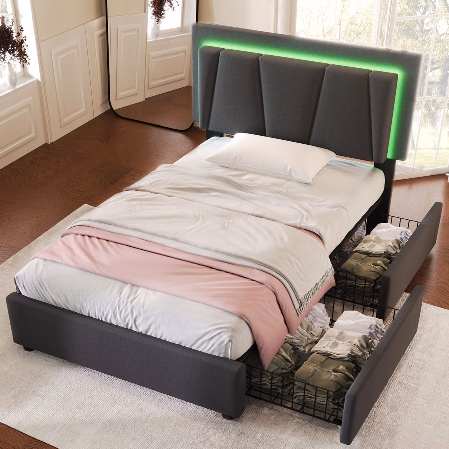 MODFU Letto imbottito, funzionale, 90 x 200 cm, con illuminazione LED e testiera regolabile in altezza. Letto singolo con spazio contenitore e 2 cassetti. Tessuto in lino, colore grigio (senza materasso)