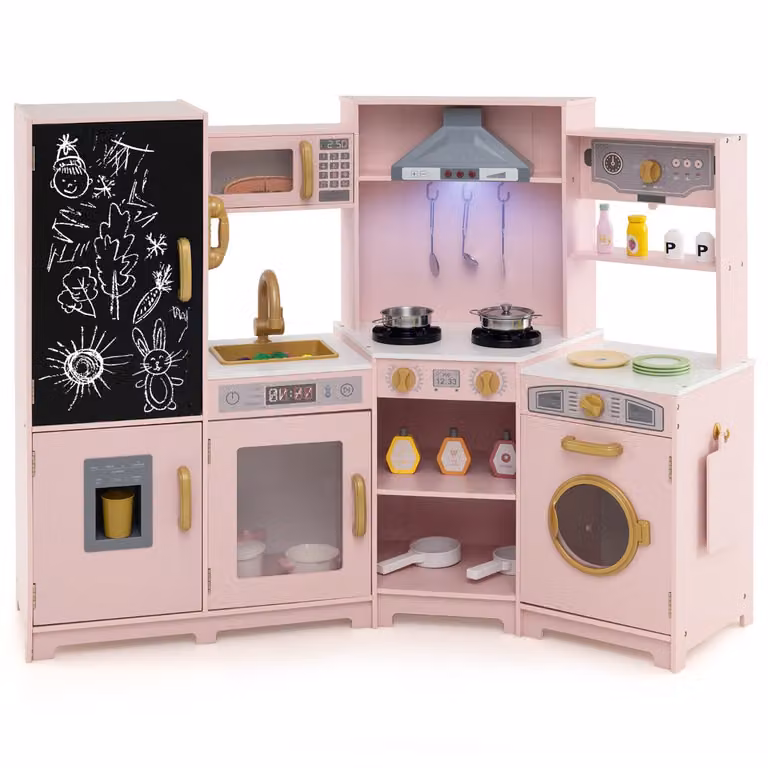 Cucina giocattolo angolare in legno Costway con luci, cappa e accessori, Set rosa per bambini dai 3 anni in su