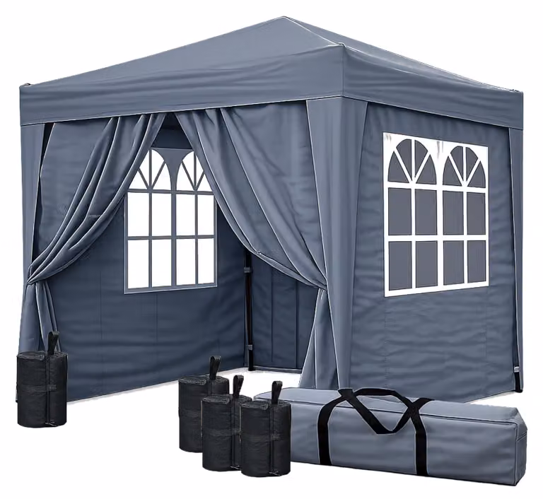 Gazebo pieghevole 2,5 x 2,5 m grigio fumo con 4 pesi, 4 pareti laterali Easy-Klett (2 cerniere, 2 finestre), gazebo pop-up pieghevole, con borsa per il trasporto