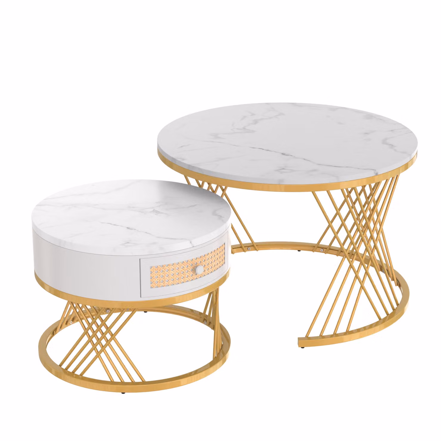 Tavolino Rotondo 2 in 1 Aosom con Piano in Marmo Bianco, Gambe in Metallo Oro e Cassetti in Rattan Sintetico con Maniglie in Legno Massello – 2