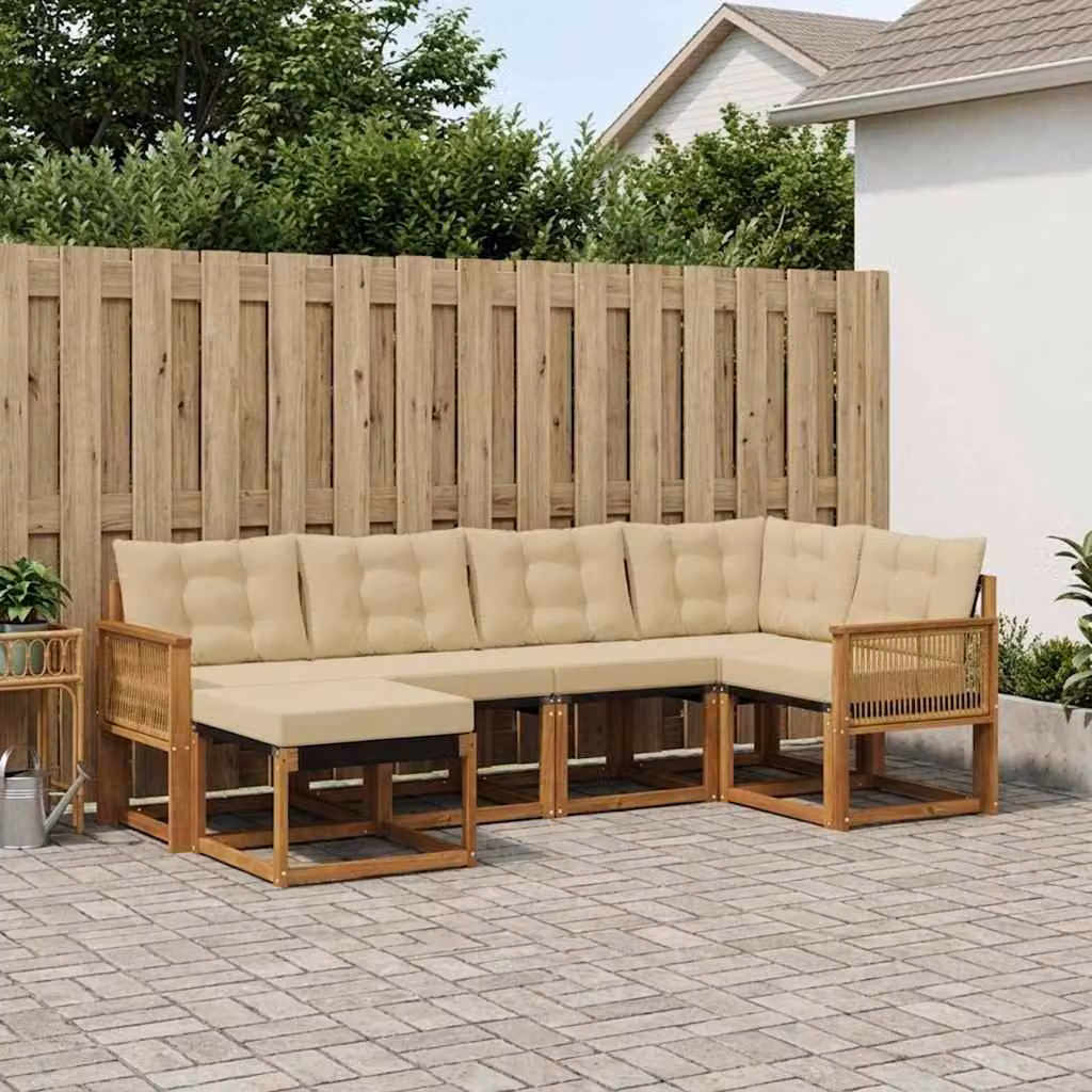 Set di divani da esterno vidaXL a forma di L composto da 6 pezzi in legno di acacia con cuscini beige e marrone per giardino e terrazza