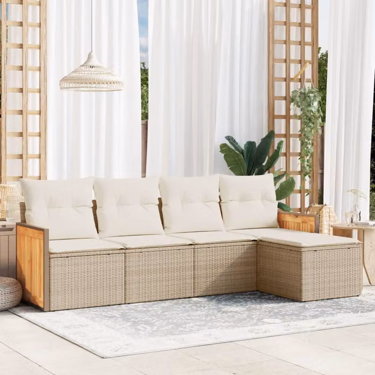 vidaXL Set Divano da Giardino a L 5 pz in Polyrattan con Cuscini Beige e Struttura in Legno di Acacia