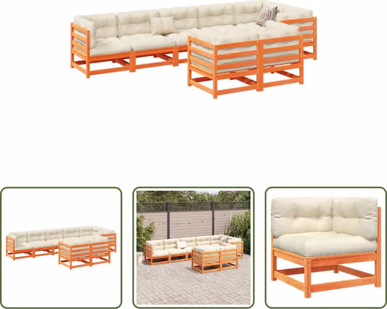 The Living Store Set di divani da giardino 8 pezzi con cuscini Legno di pino marrone Wax