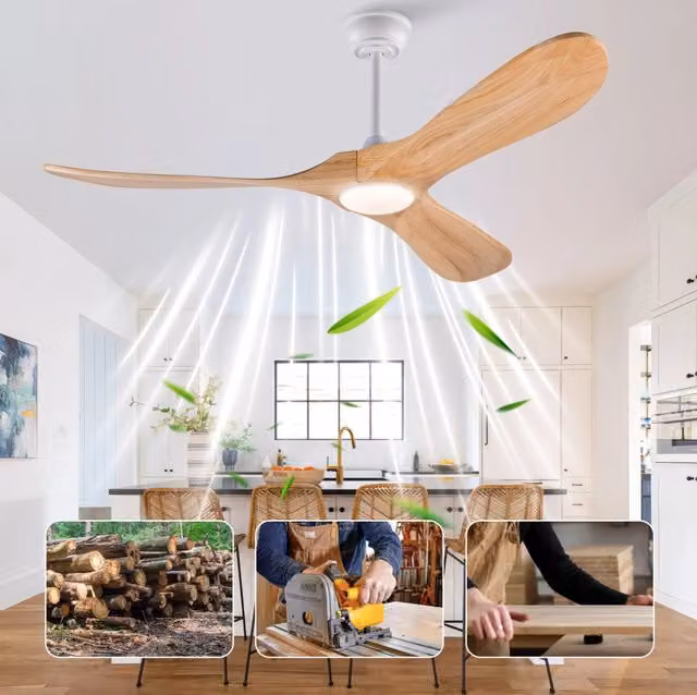 Ventilatore da soffitto moderno con LED dimmerabile, telecomando e timer, 3 pale in legno naturale e finiture bianche e rame