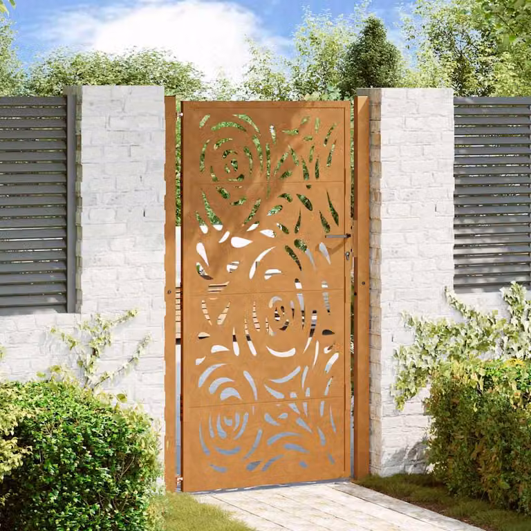 Cancello singolo da giardino vidaXL in acciaio color marrone con design a fiamma L: 110 cm, H: 175 cm