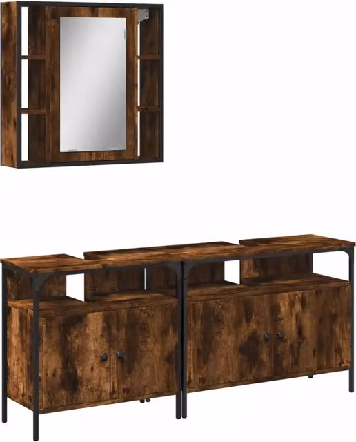 Set Mobili da Bagno | Armadio da bagno 3 pz Rovere Fumo in Legno Multistrato