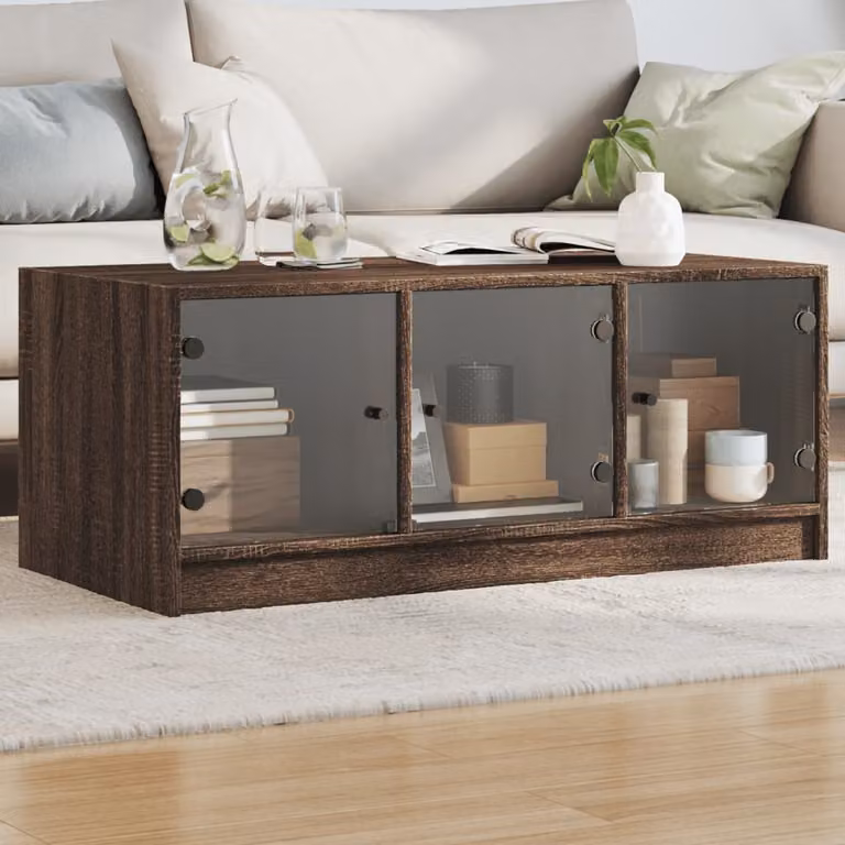 vidaXL Tavolino da salotto moderno con ante in vetro e finitura rovere marrone L: 102 cm, P: 50 cm, H: 42 cm