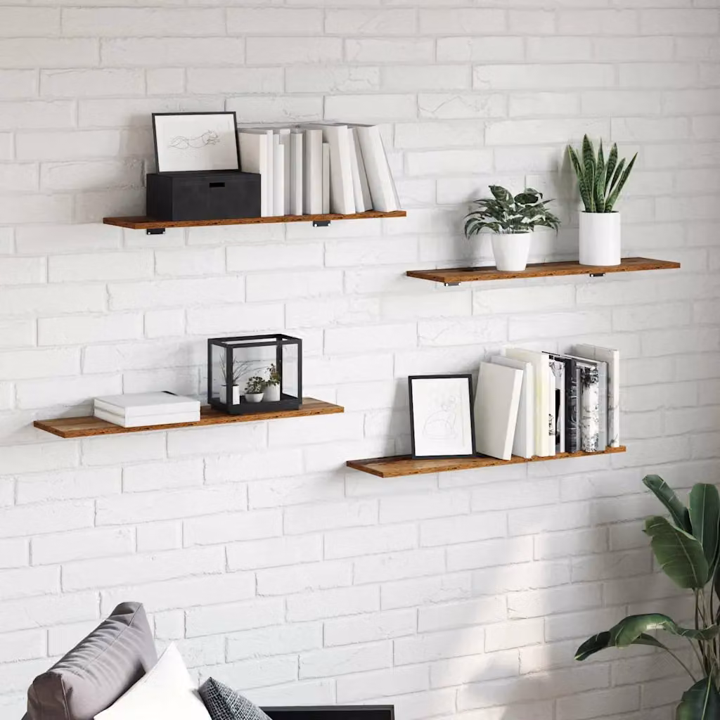 Set di 4 scaffali a parete vidaXL in legno marrone, 3 livelli, L: 80 cm, P: 20 cm, H: 1,5 cm