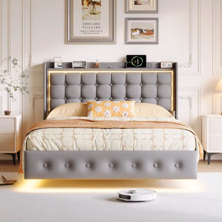 Letto imbottito UnboxG LED 160x200 cm, grigio scuro vellutato, letto sospeso con illuminazione RGB e stazione di ricarica USB