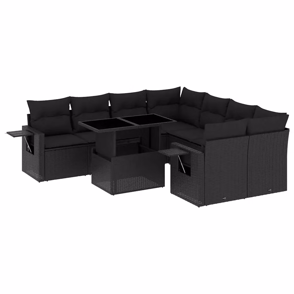 Set di divani da giardino vidaXL a forma di L in polyrattan nero con 9 pezzi e cuscini inclusi – 2