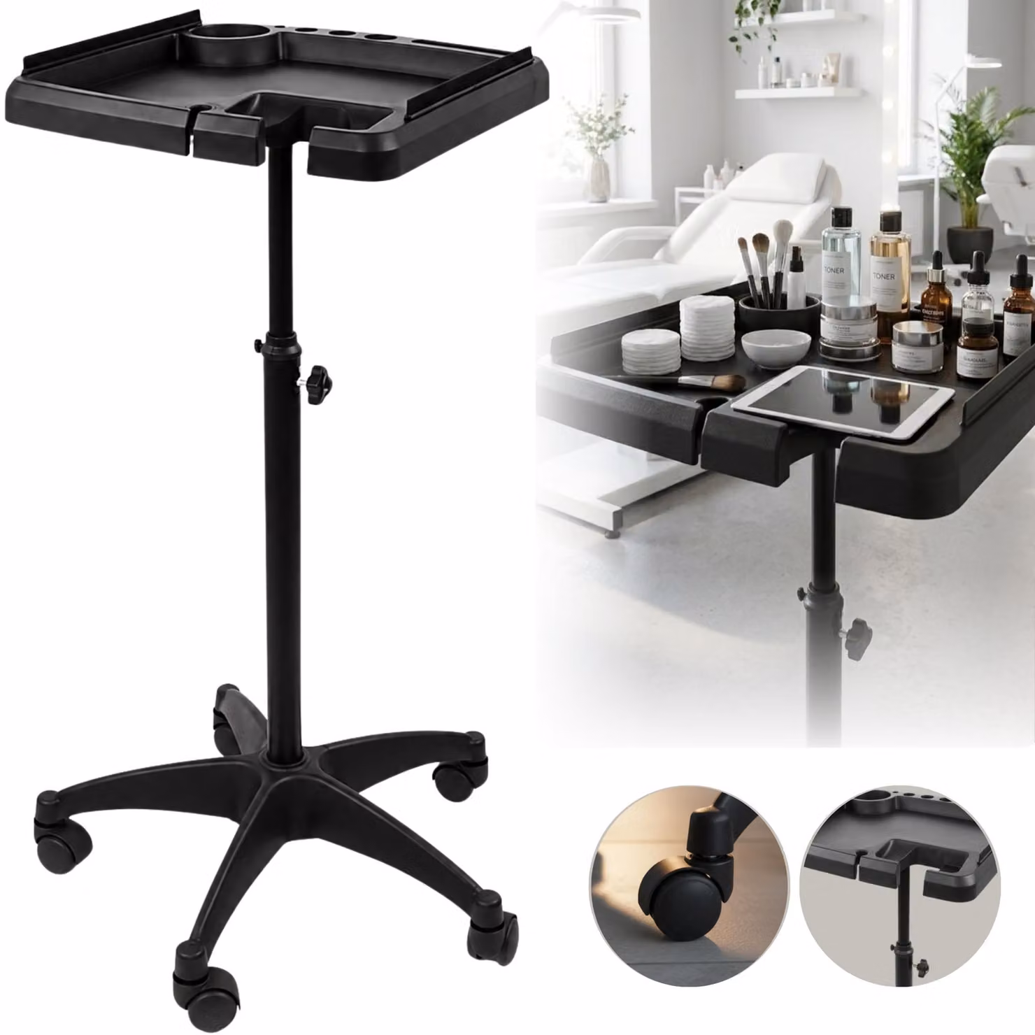 Assistente cosmetico parrucchiere per salone, carrello universale su ruote.