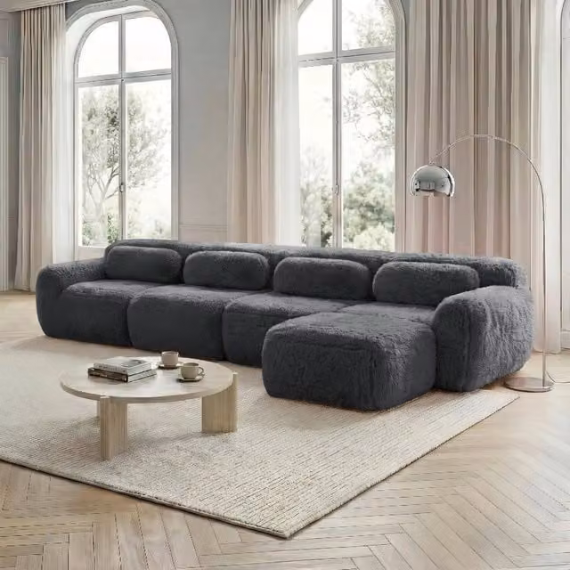 Divano modulare a 4 posti a L Zephmum grigio con pouf coordinato, design minimalista in tessuto e schiuma elastica, L/P/H: 179,0 x 77,65 x 73,0 cm