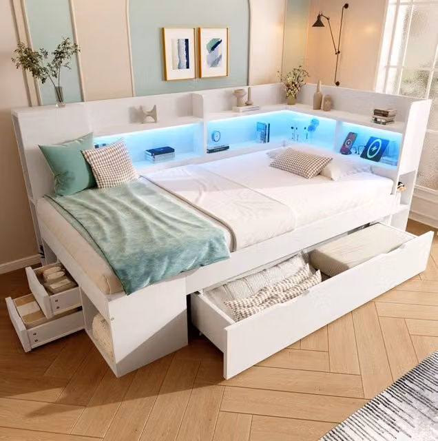 Letto singolo a divano 90x200 cm con cassetti, LED e ricarica USB/Type-C bianco HAVRYA
