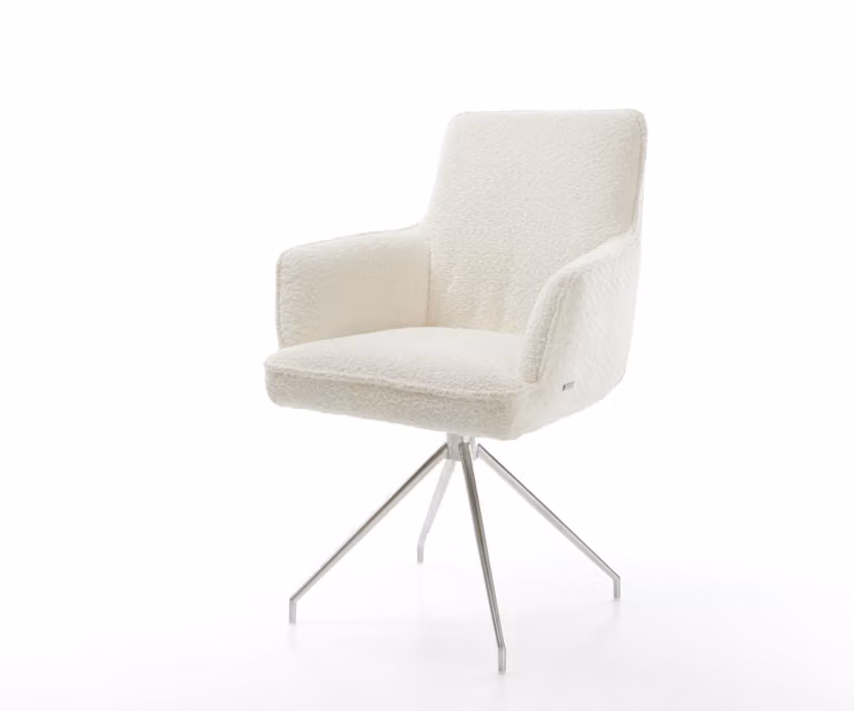 Sedia girevole DELIFE Heira-Flex con braccioli, tessuto bouclé bianco, base a croce conica in acciaio inossidabile, rotazione a 180°, molle insacchettate